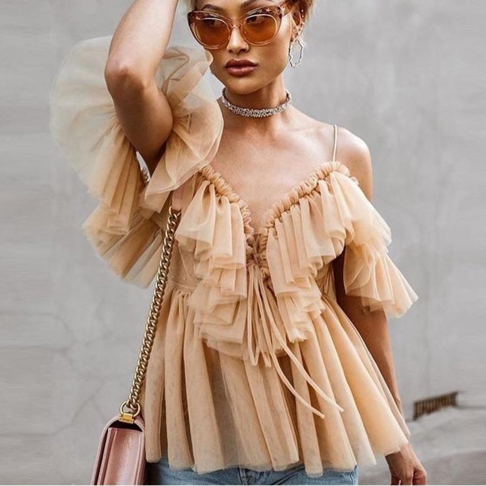 NWT Elegant Boho Ruffle Nude Mesh Corset Lace Up Top